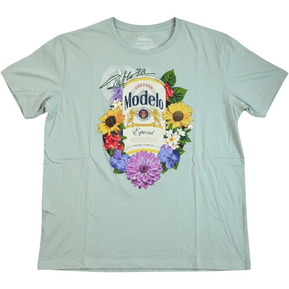 Modelo Especial Beer Floral Graphic T-Shirt Green Cotton Women Large NEW